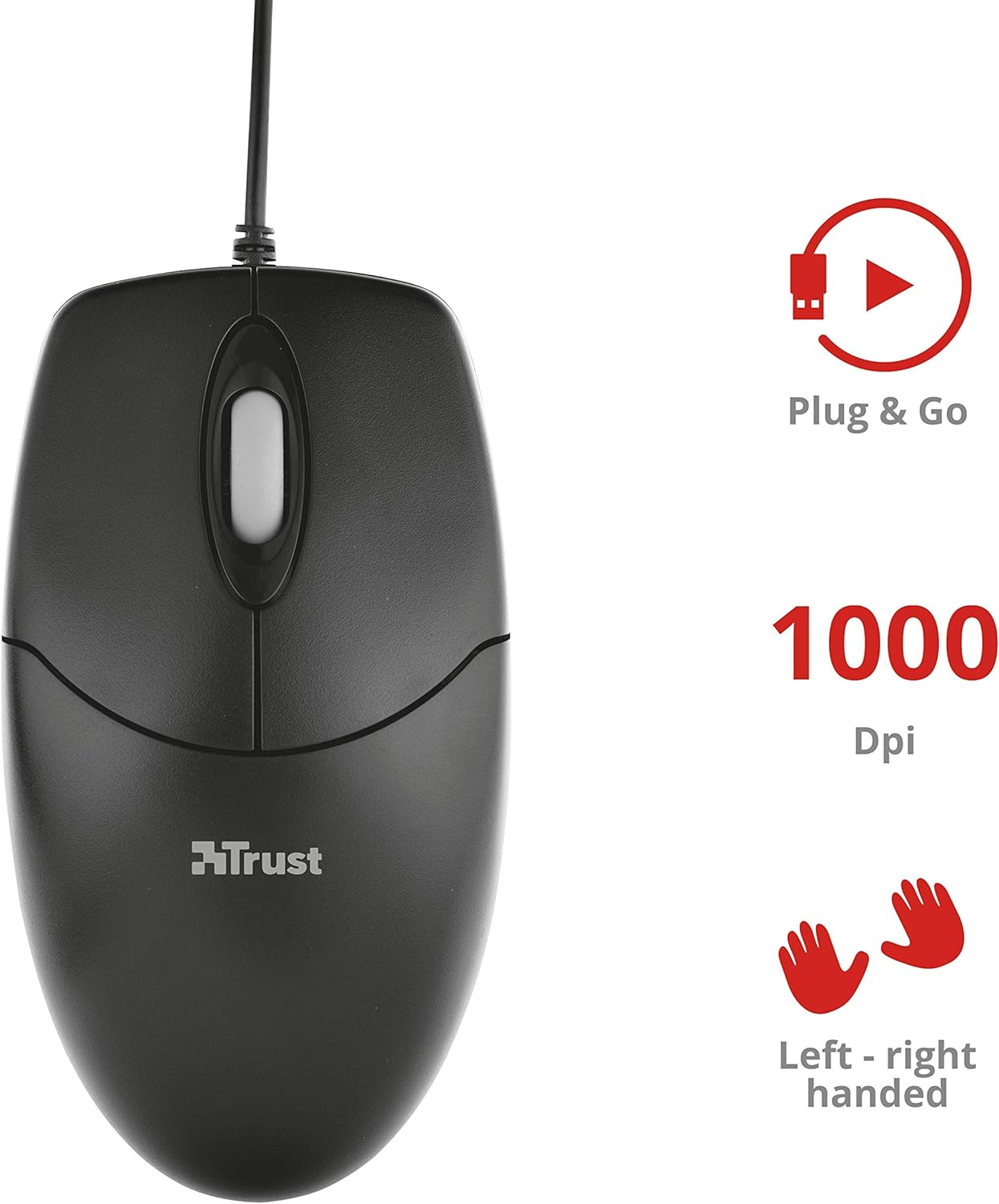 Trust Basi Optical Wired Mouse for Computer and Laptop, 1000 DPI, 3 Buttons, Left and Right Hand Users - Black - Amazing Gadgets Outlet