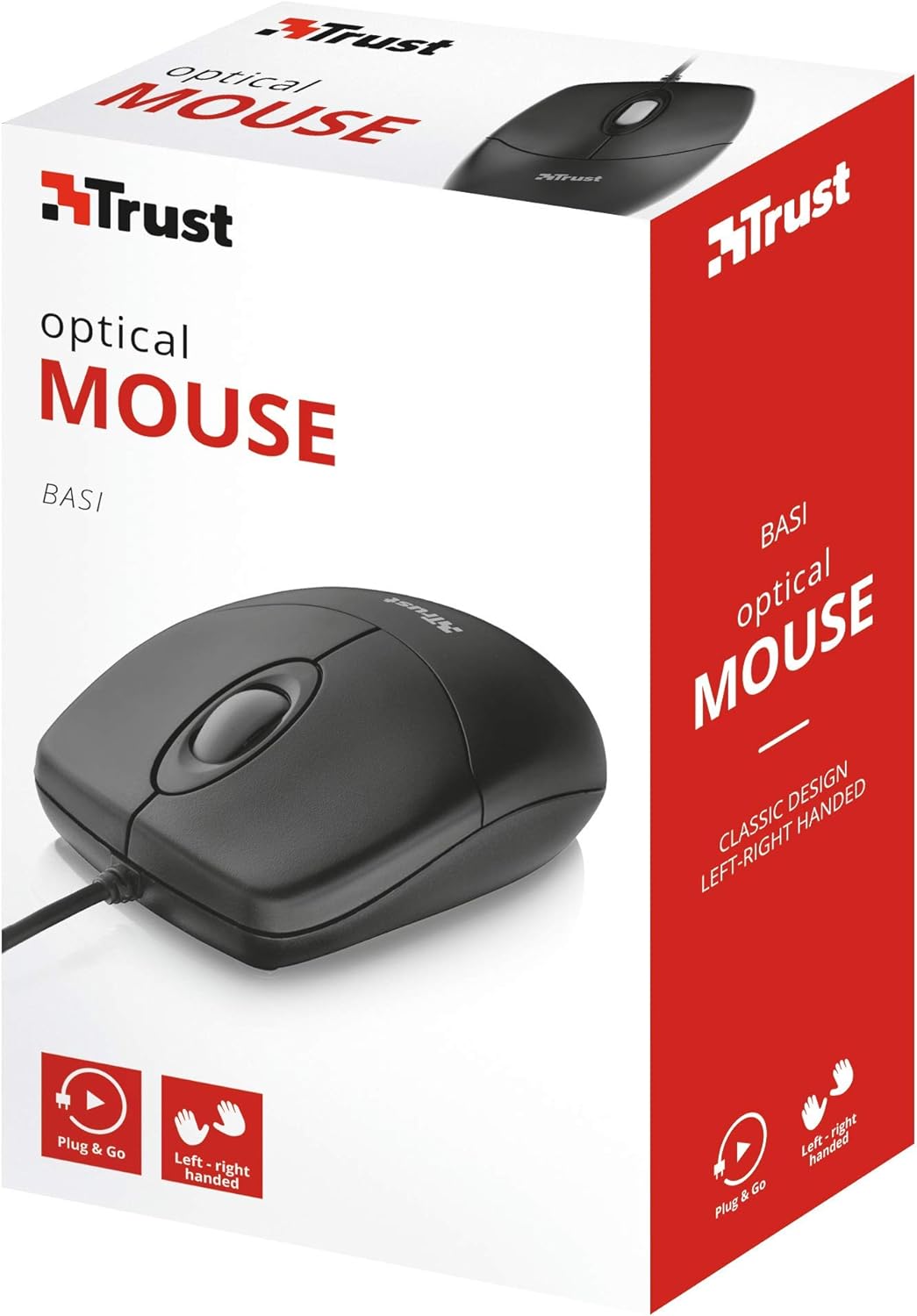 Trust Basi Optical Wired Mouse for Computer and Laptop, 1000 DPI, 3 Buttons, Left and Right Hand Users - Black - Amazing Gadgets Outlet