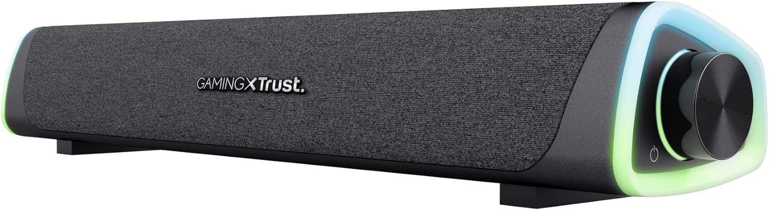 Trust Gaming GXT 1619 Rhox RGB Illuminated Soundbar, PC Speakers, 12W Peak Power, USB Powered Sound Bar, 3.5mm Jack, Plug and Play, Stereo PC Soundbar for Desktop, Laptop, Computer – Black/Grey - Amazing Gadgets Outlet