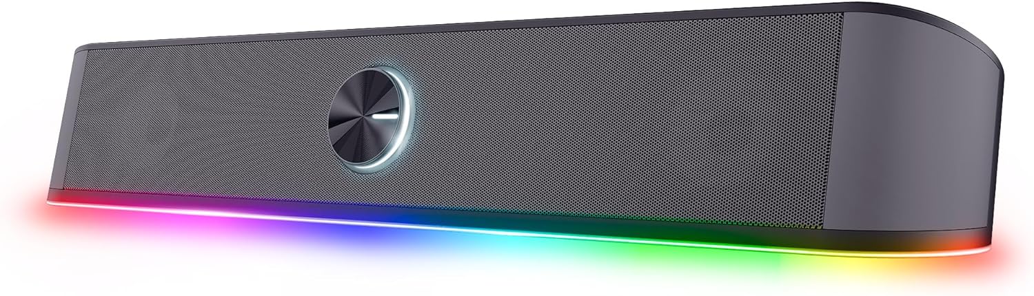 Trust Gaming GXT 1619 Rhox RGB Illuminated Soundbar, PC Speakers, 12W Peak Power, USB Powered Sound Bar, 3.5mm Jack, Plug and Play, Stereo PC Soundbar for Desktop, Laptop, Computer – Black/Grey - Amazing Gadgets Outlet