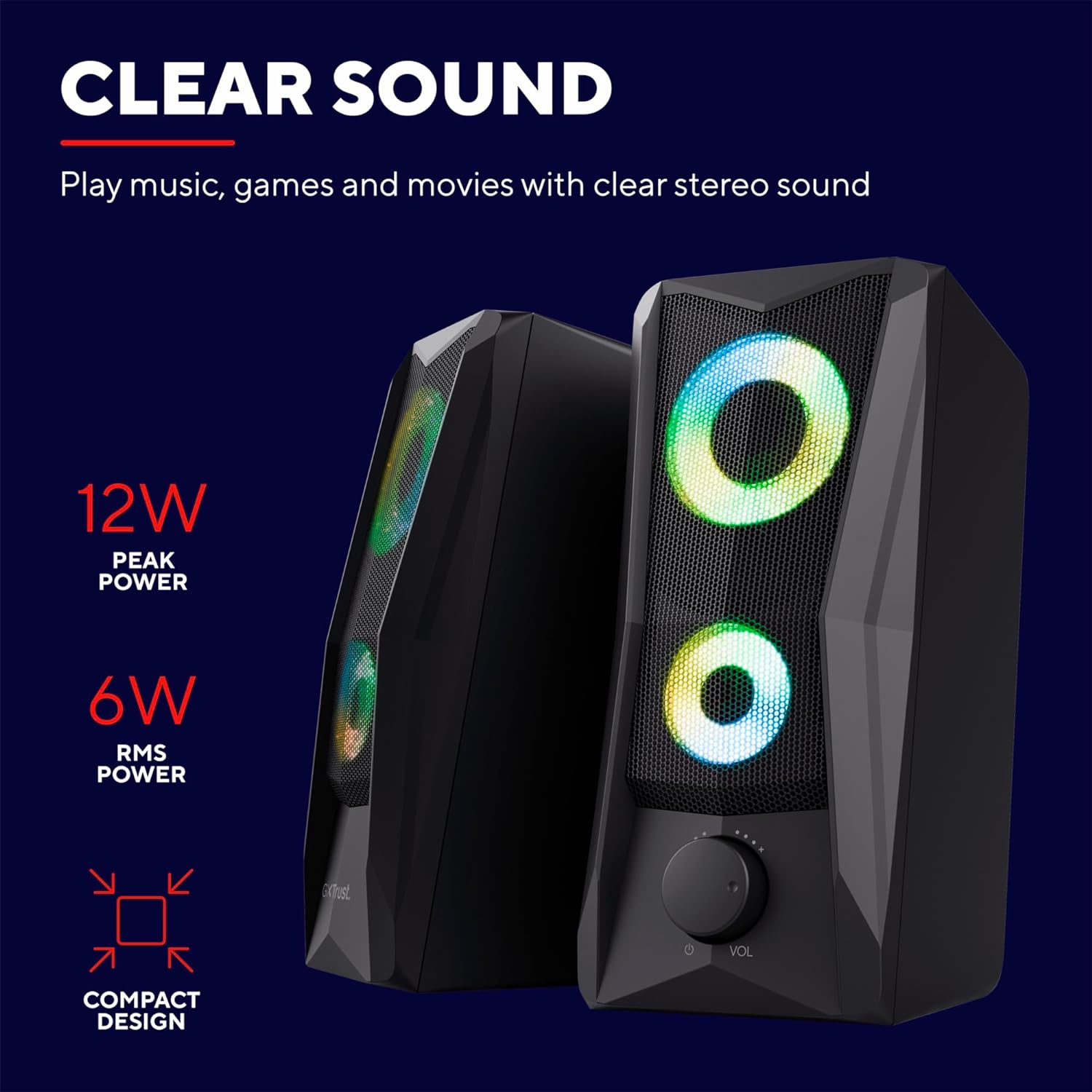 Trust Gaming GXT 606B Javv PC Speakers 2.0 with RGB Lights, 12W (6W RMS), 3.5 mm Jack, Metal Grille, USB Powered Gamer Sound System, Compact Stereo Computer Speakers for Desktop/Laptop - Black - Amazing Gadgets Outlet