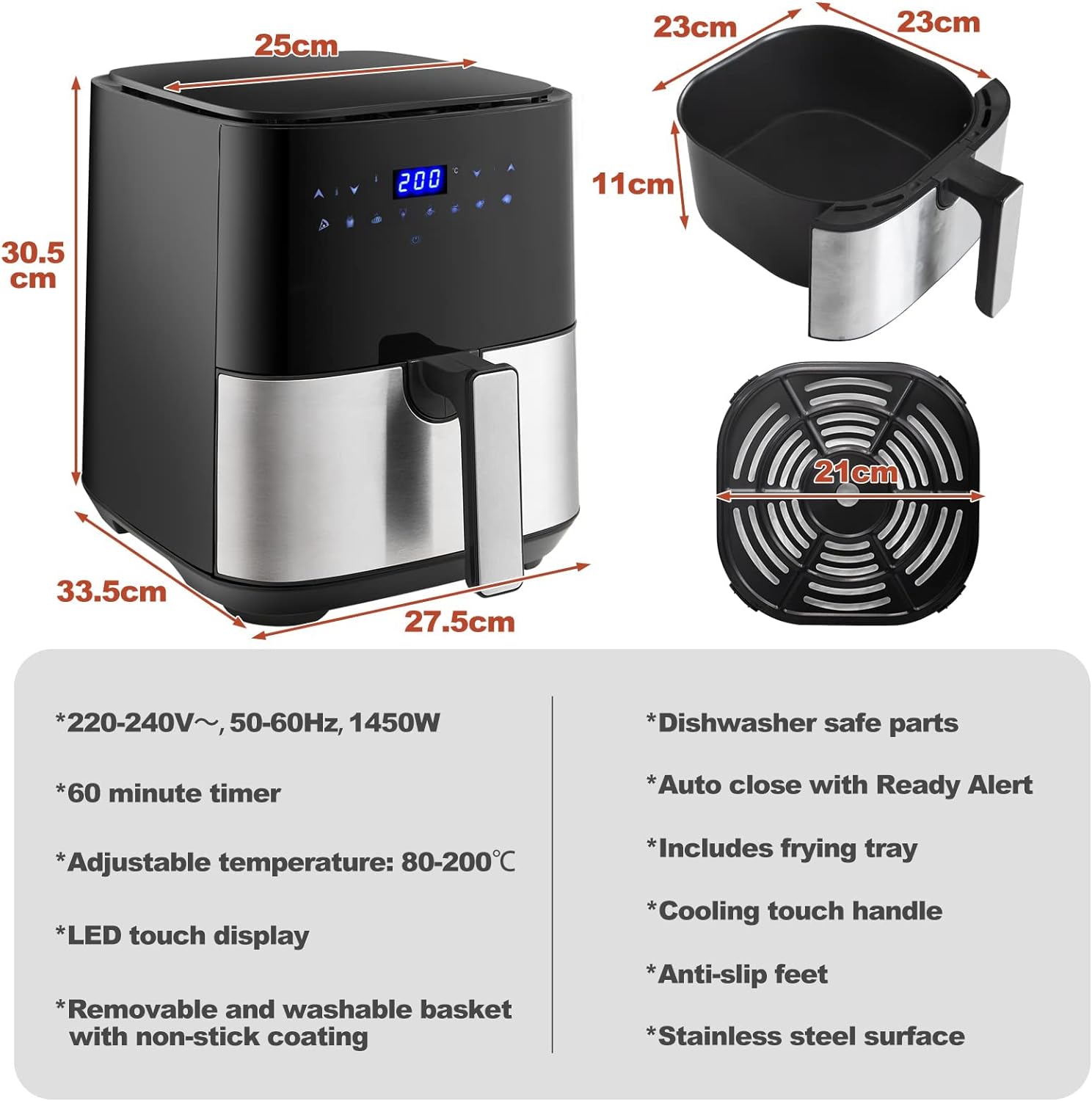 TUKAILAi 5L Digital Air Fryer Oven with Rapid Air Circulation and One - Touch Screen, 8 Cooking Presets, Nonstick Basket, Timer & Temperature Control, Nonstick Basket, Oil Free Air Fryers for Home 1450W - Amazing Gadgets Outlet