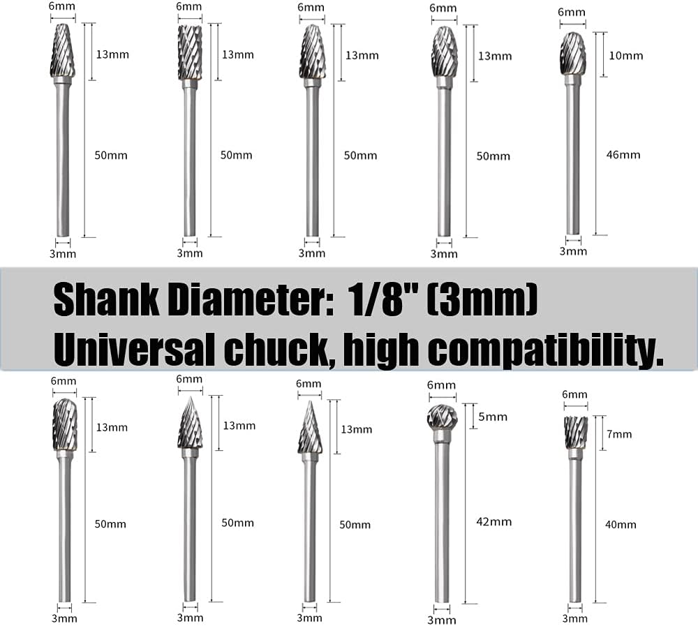 Tungsten Carbide Rotary Burr Set for Dremel, 10PCS Carbide Double Cut Carving Burr Bits with 1/8” Shank Rotary Tool Accessories for Woodworking, Engraving, Drilling, Steel Metal Working - Amazing Gadgets Outlet