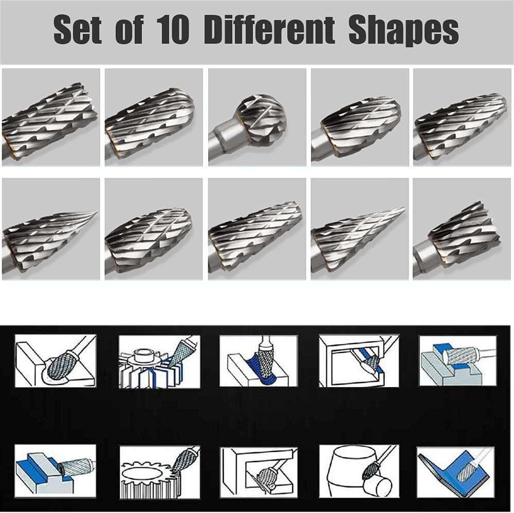 Tungsten Carbide Rotary Burr Set for Dremel, 10PCS Carbide Double Cut Carving Burr Bits with 1/8” Shank Rotary Tool Accessories for Woodworking, Engraving, Drilling, Steel Metal Working - Amazing Gadgets Outlet