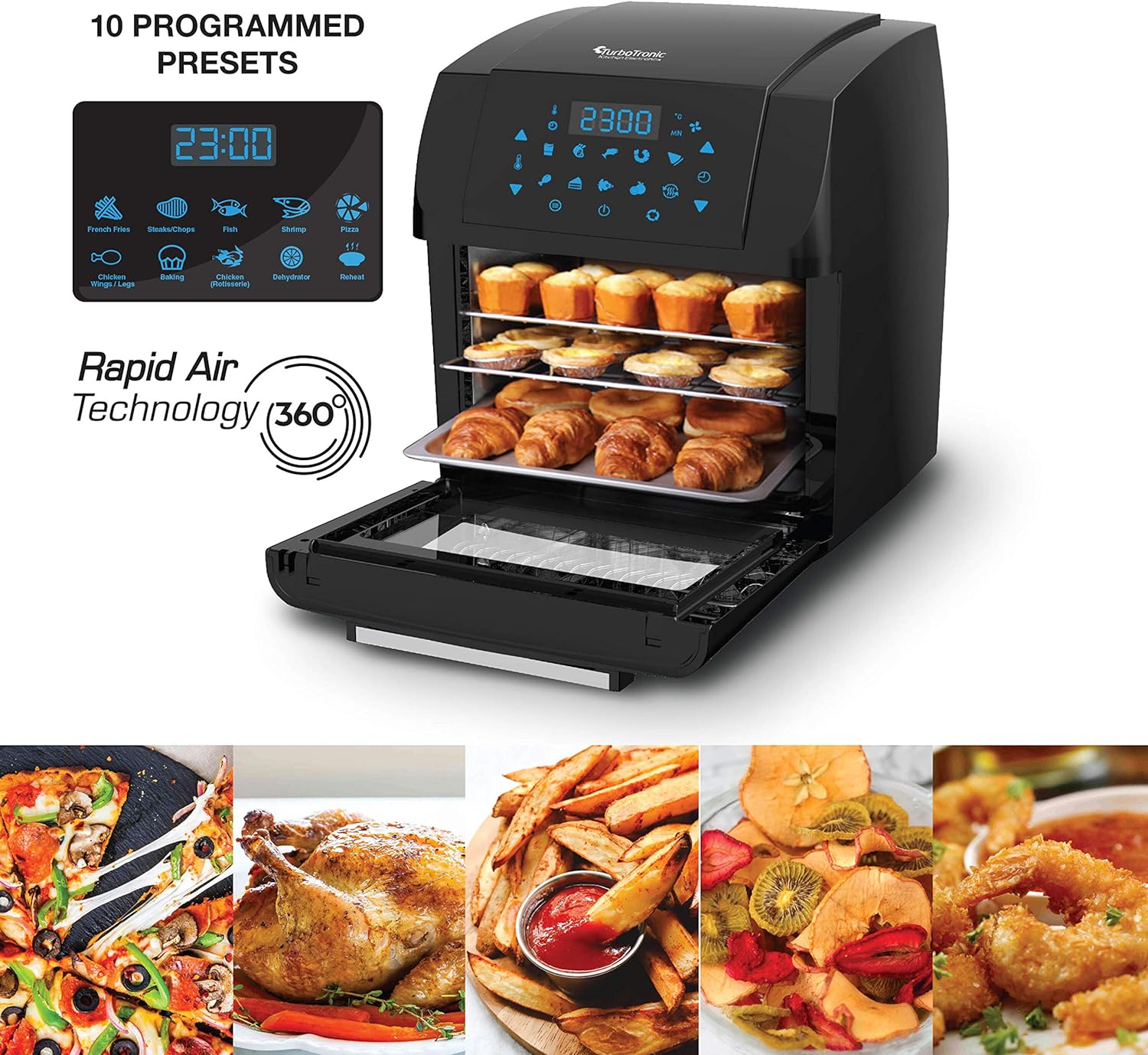 TurboTronic AF2 Smart Air Fryer Oven 12L with Rotisserie & Dehydrator - All In One Multi - Function Table Top Mini Oven - Digital LED Display & Touch Sensors - Air Fry Basket & Rotisserie Set Included - Amazing Gadgets Outlet