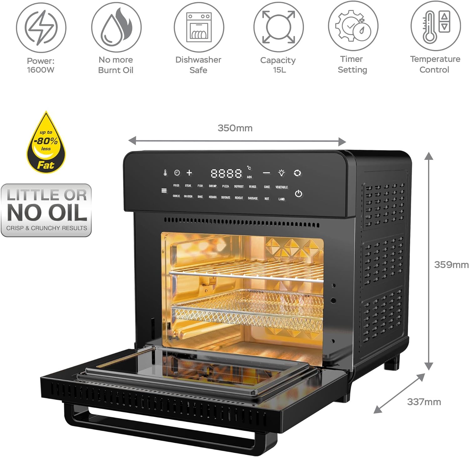 TurboTronic AF5 Smart Air Fryer Oven 15L with Rotisserie & Dehydrator - All In One Multi - Function Table Top Mini Oven - Digital LED Display & Touch Sensors - Air Fry Basket & Rotisserie Set Included - Amazing Gadgets Outlet