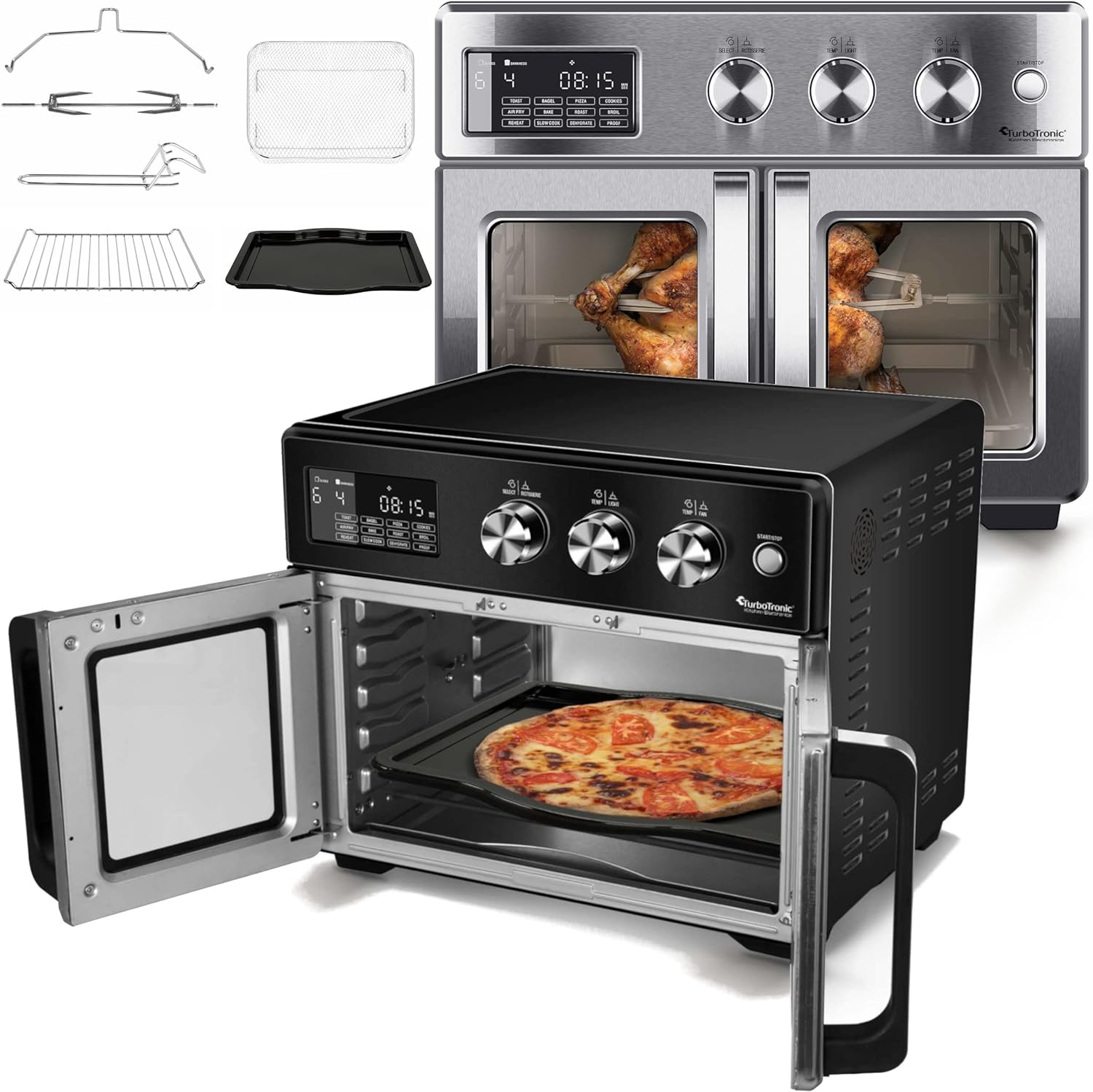 TurboTronic AFD32 Air Fryer Oven 32L with Rotisserie & Dehydrator - Professional French Doors Smart Table Top Mini Oven - Digital LED Display - Rotisserie Set, Air Fry Basket & More Included - Silver - Amazing Gadgets Outlet