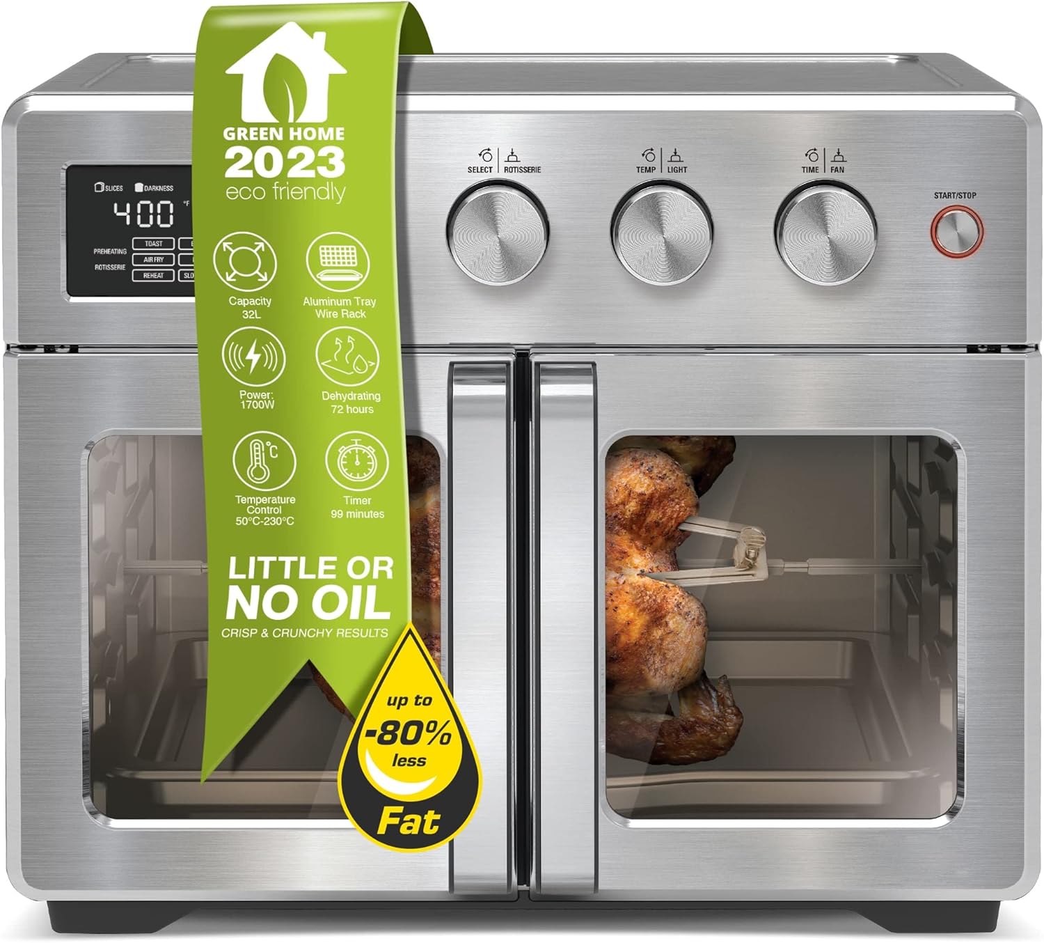 TurboTronic AFD32 Air Fryer Oven 32L with Rotisserie & Dehydrator - Professional French Doors Smart Table Top Mini Oven - Digital LED Display - Rotisserie Set, Air Fry Basket & More Included - Silver - Amazing Gadgets Outlet