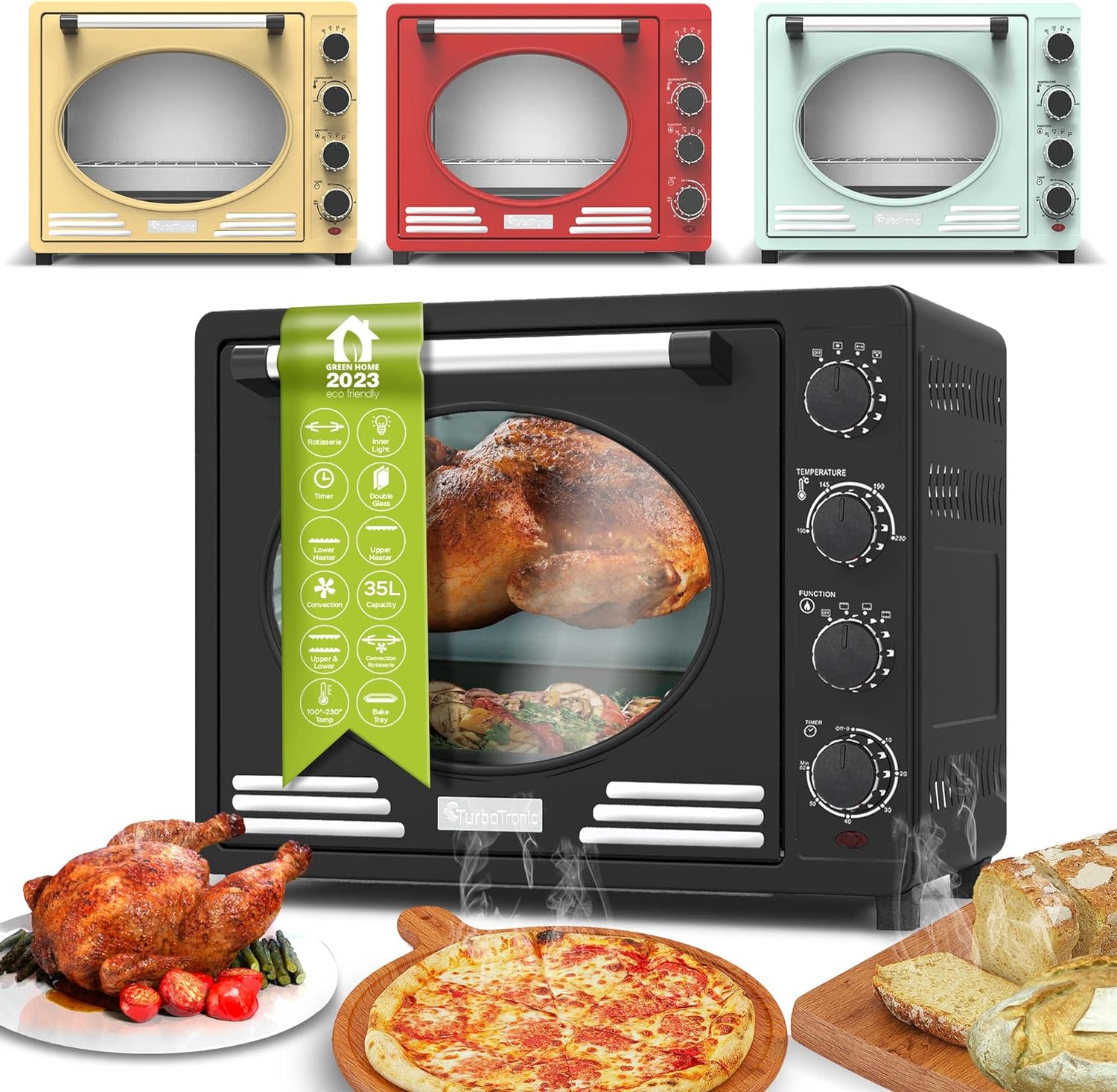 TurboTronic EV35R Electric Mini Oven 35L - Stylish Retro Table Top Oven with Timer for Baking, Grilling, Pizza, Rotisserie, Toast and Reheating - Comes with Rotisserie Set & Baking Tray - Black - Amazing Gadgets Outlet