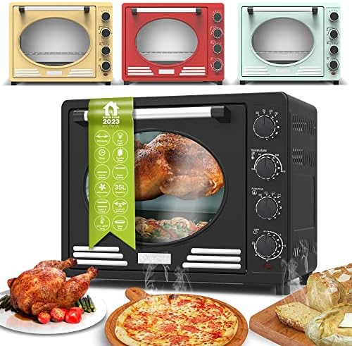 TurboTronic EV35R Electric Mini Oven 35L - Stylish Retro Table Top Oven with Timer for Baking, Grilling, Pizza, Rotisserie, Toast and Reheating - Comes with Rotisserie Set & Baking Tray - Black - Amazing Gadgets Outlet