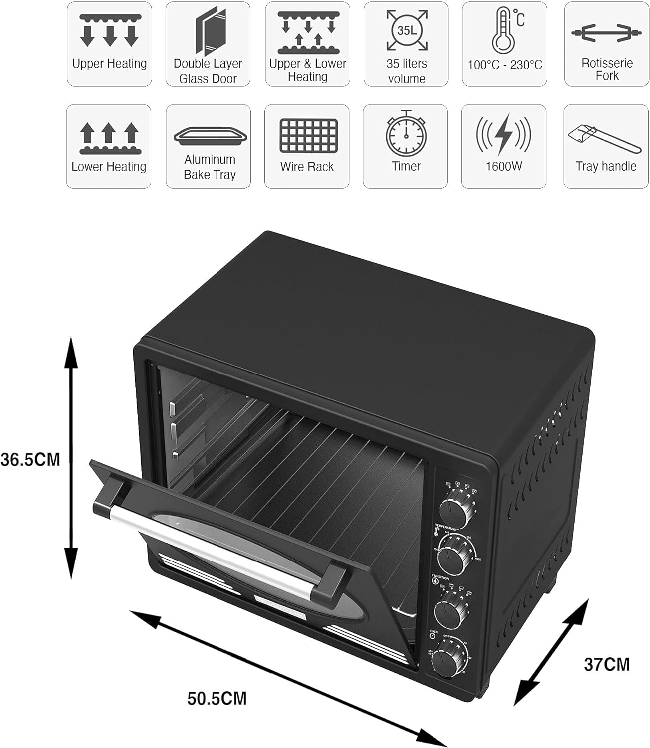 TurboTronic EV35R Electric Mini Oven 35L - Stylish Retro Table Top Oven with Timer for Baking, Grilling, Pizza, Rotisserie, Toast and Reheating - Comes with Rotisserie Set & Baking Tray - Black - Amazing Gadgets Outlet