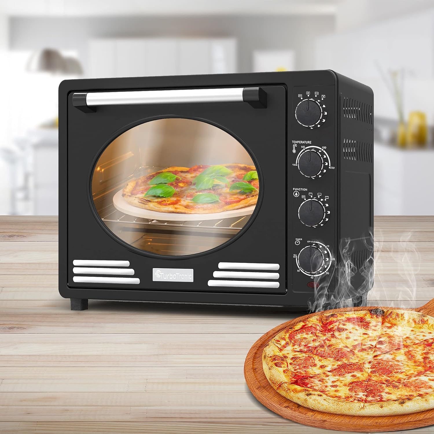 TurboTronic EV35R Electric Mini Oven 35L - Stylish Retro Table Top Oven with Timer for Baking, Grilling, Pizza, Rotisserie, Toast and Reheating - Comes with Rotisserie Set & Baking Tray - Black - Amazing Gadgets Outlet