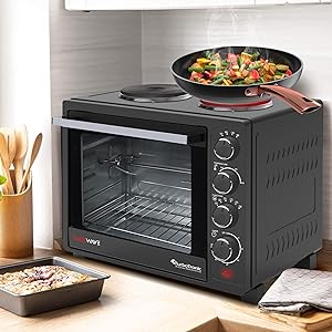 TurboTronic EV35TS Dual Hobs Mini Oven 35L - Double Glazed Multifunction Table Top Oven with Timer for Baking, Grilling, Roasting, and Toasting - Grill Rack, Tray & Rotisserie Skewer Included - Amazing Gadgets Outlet