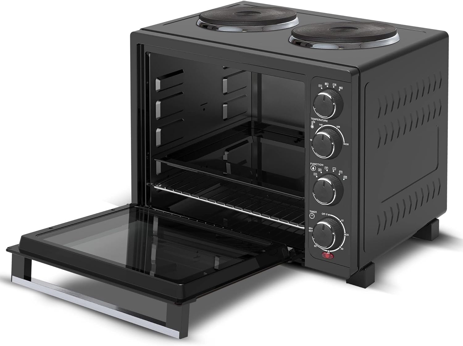 TurboTronic EV35TS Dual Hobs Mini Oven 35L - Double Glazed Multifunction Table Top Oven with Timer for Baking, Grilling, Roasting, and Toasting - Grill Rack, Tray & Rotisserie Skewer Included - Amazing Gadgets Outlet