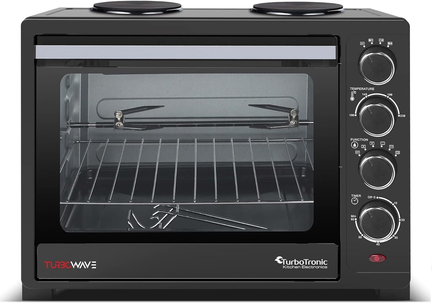 TurboTronic EV35TS Dual Hobs Mini Oven 35L - Double Glazed Multifunction Table Top Oven with Timer for Baking, Grilling, Roasting, and Toasting - Grill Rack, Tray & Rotisserie Skewer Included - Amazing Gadgets Outlet