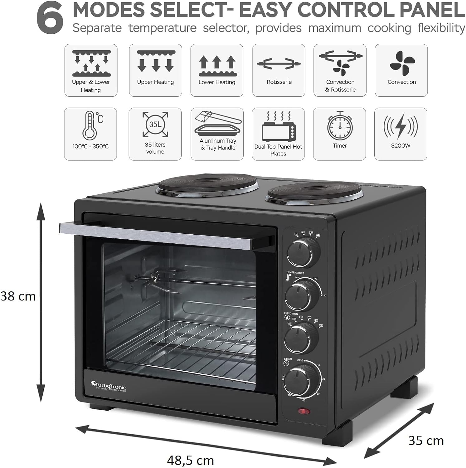 TurboTronic EV35TS Dual Hobs Mini Oven 35L - Double Glazed Multifunction Table Top Oven with Timer for Baking, Grilling, Roasting, and Toasting - Grill Rack, Tray & Rotisserie Skewer Included - Amazing Gadgets Outlet