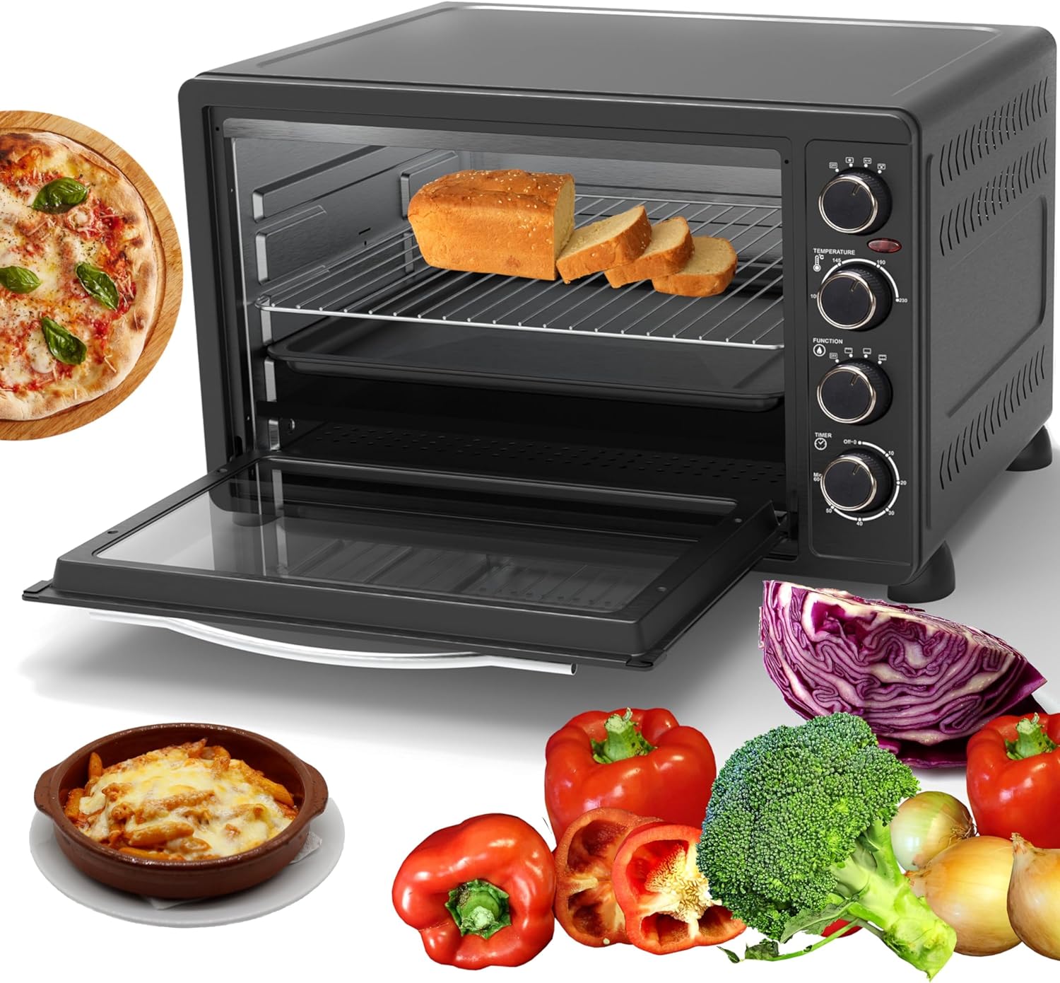 TurboTronic EV60 Electric Mini Oven 60L - Double Glazed Compact Table Top Oven with Timer for Baking, Grilling, Rotisserie, Pizza, Toast and Reheating - Comes with Rotisserie Set, Baking Tray - Amazing Gadgets Outlet