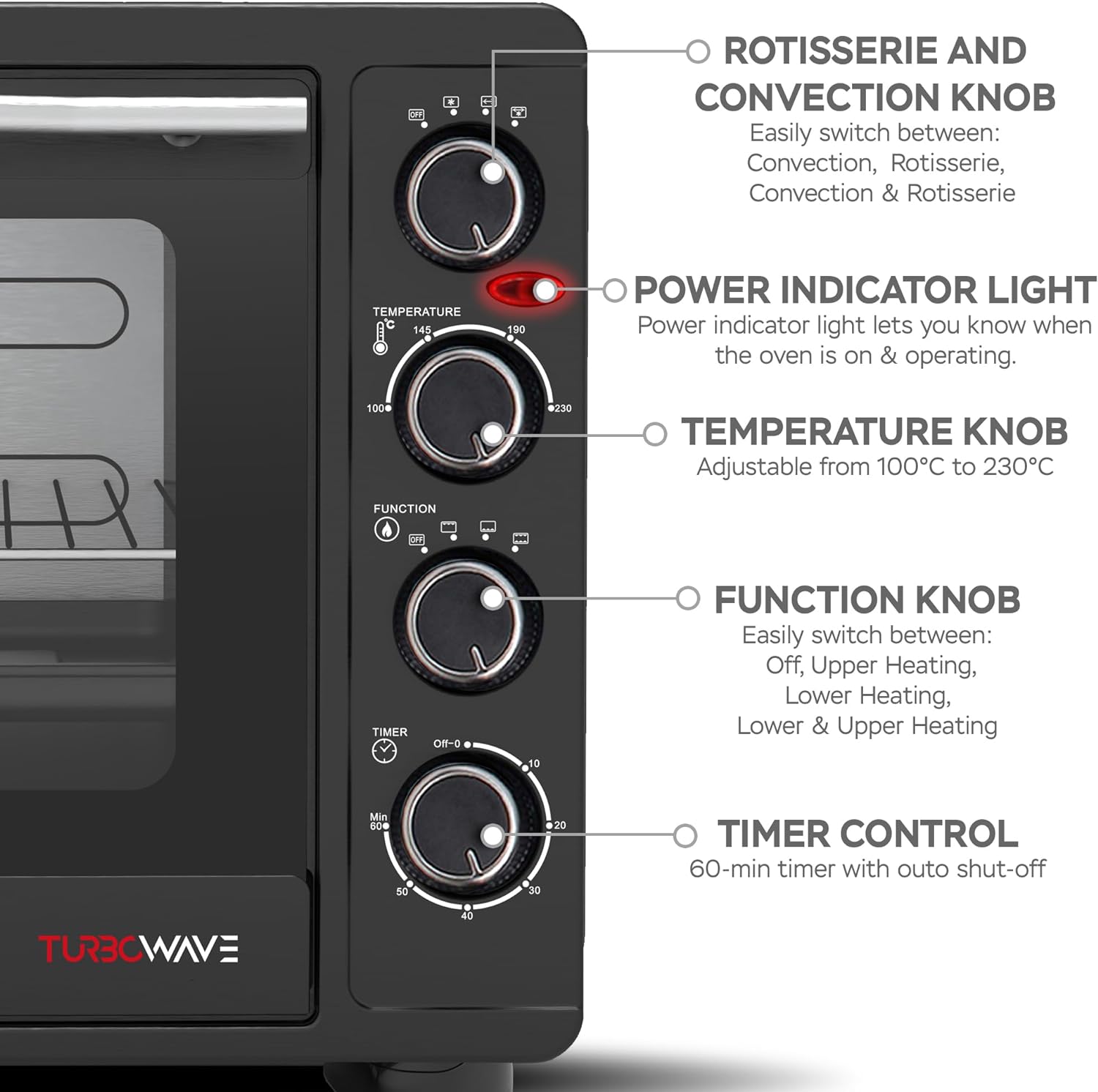 TurboTronic EV60 Electric Mini Oven 60L - Double Glazed Compact Table Top Oven with Timer for Baking, Grilling, Rotisserie, Pizza, Toast and Reheating - Comes with Rotisserie Set, Baking Tray - Amazing Gadgets Outlet