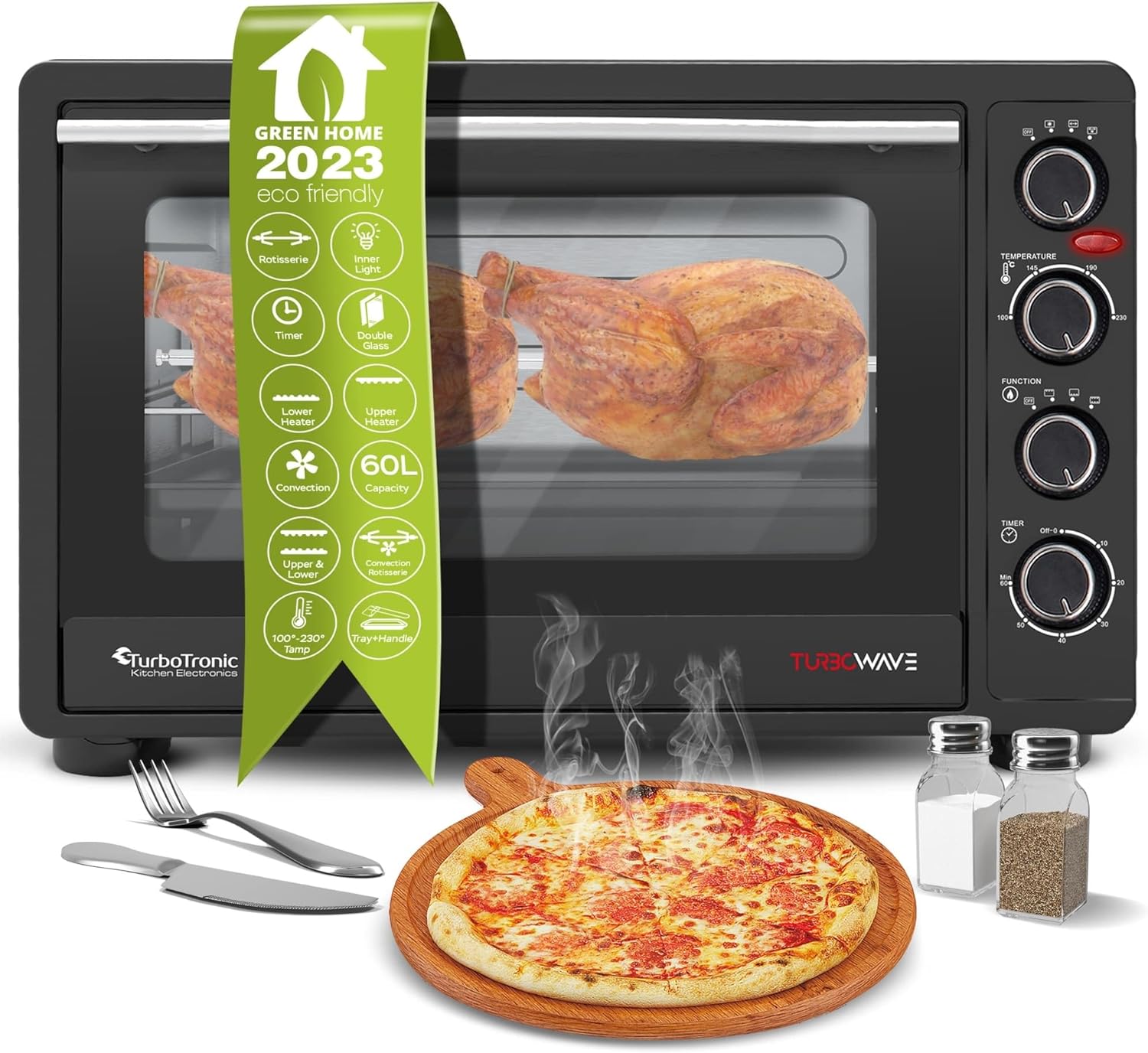 TurboTronic EV60 Electric Mini Oven 60L - Double Glazed Compact Table Top Oven with Timer for Baking, Grilling, Rotisserie, Pizza, Toast and Reheating - Comes with Rotisserie Set, Baking Tray - Amazing Gadgets Outlet