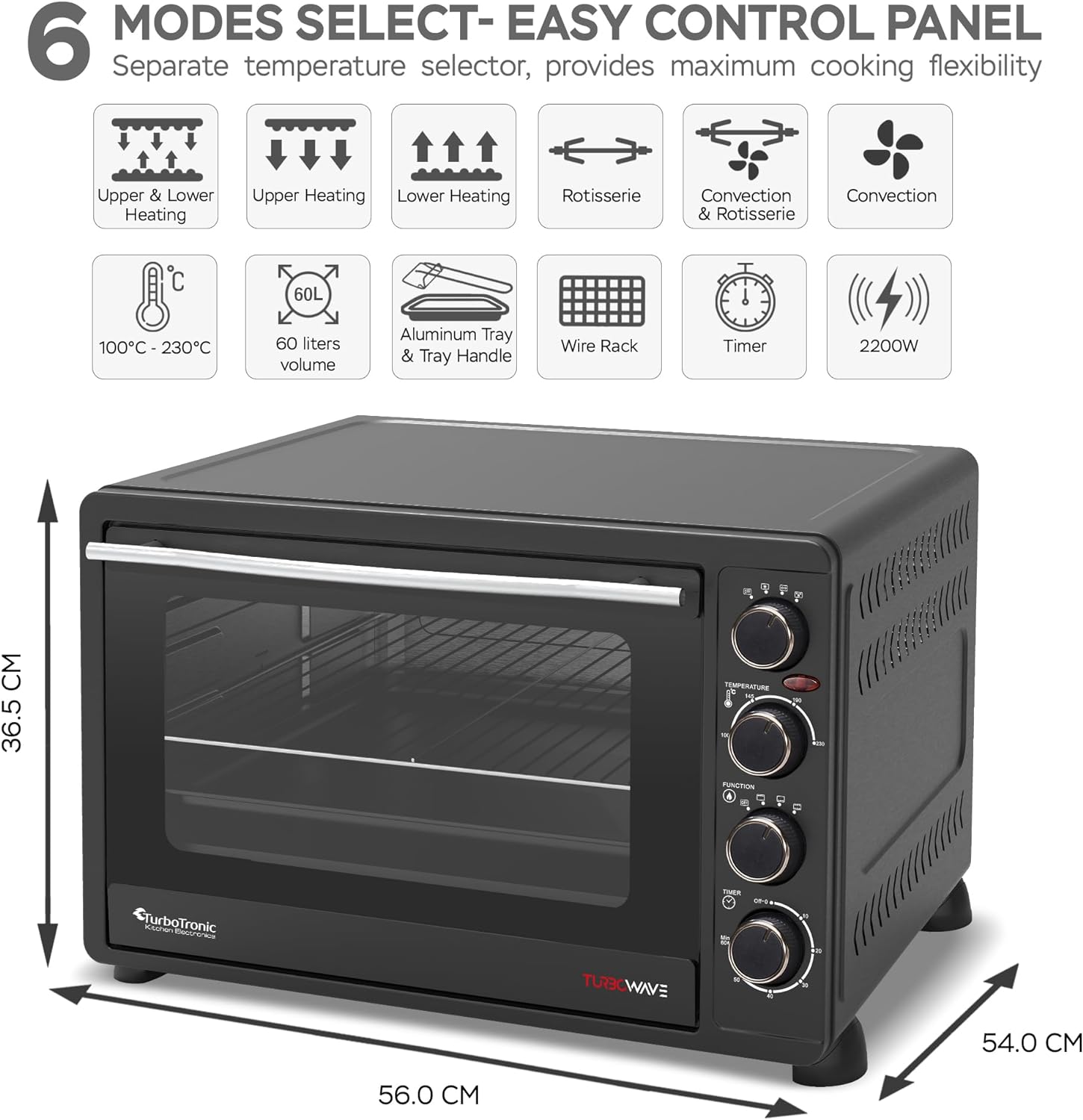 TurboTronic EV60 Electric Mini Oven 60L - Double Glazed Compact Table Top Oven with Timer for Baking, Grilling, Rotisserie, Pizza, Toast and Reheating - Comes with Rotisserie Set, Baking Tray - Amazing Gadgets Outlet