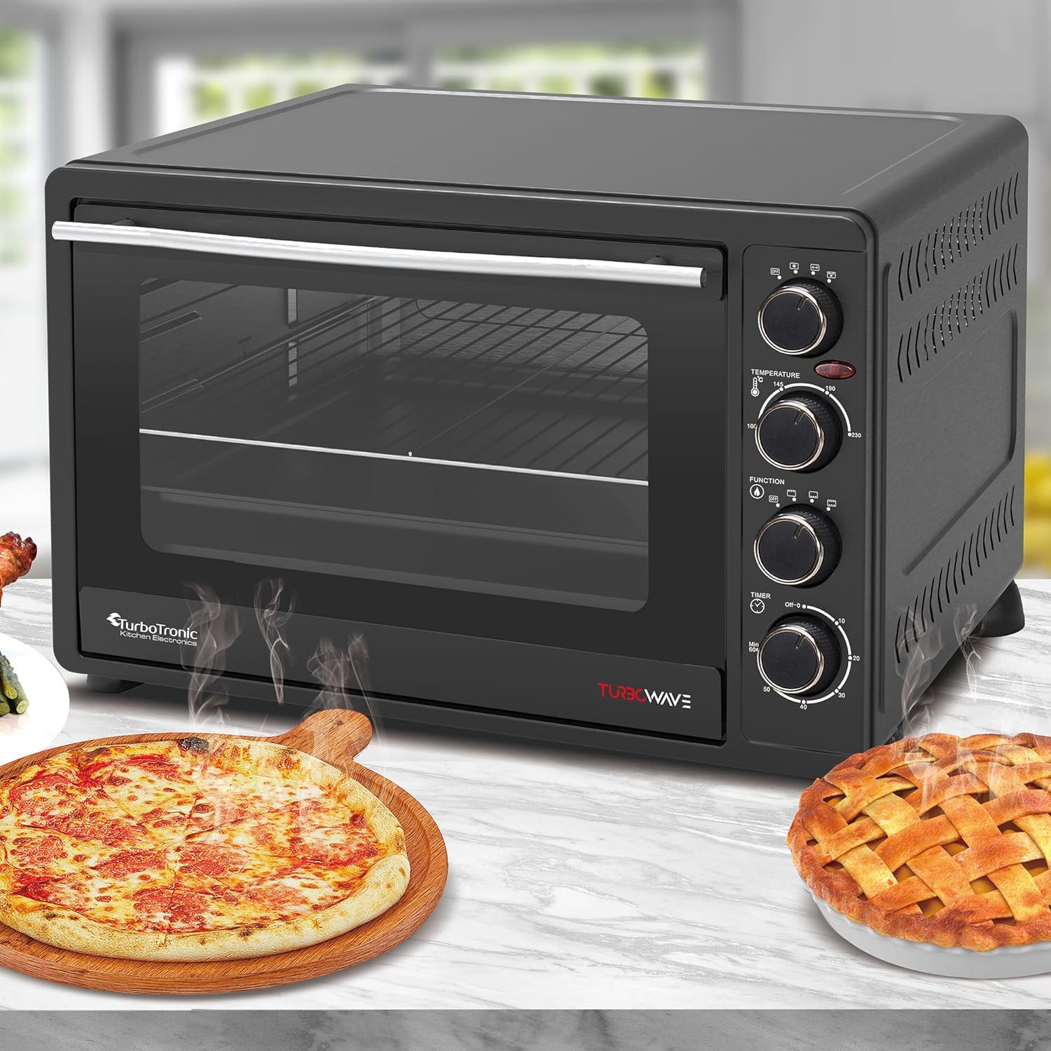 TurboTronic EV60 Electric Mini Oven 60L - Double Glazed Compact Table Top Oven with Timer for Baking, Grilling, Rotisserie, Pizza, Toast and Reheating - Comes with Rotisserie Set, Baking Tray - Amazing Gadgets Outlet