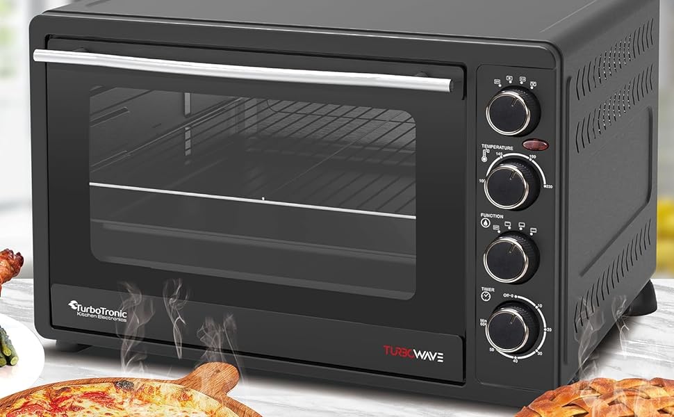 TurboTronic EV60 Electric Mini Oven 60L - Double Glazed Compact Table Top Oven with Timer for Baking, Grilling, Rotisserie, Pizza, Toast and Reheating - Comes with Rotisserie Set, Baking Tray - Amazing Gadgets Outlet