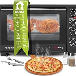 TurboTronic EV60 Electric Mini Oven 60L - Double Glazed Compact Table Top Oven with Timer for Baking, Grilling, Rotisserie, Pizza, Toast and Reheating - Comes with Rotisserie Set, Baking Tray - Amazing Gadgets Outlet