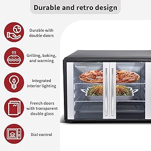 TurboTronic FEO55 Electric Mini Oven 55L - French Doors Compact Table Top Oven with Timer for Baking, Grilling, Rotisserie, Pizza, Toast and Reheating - Comes with Rotisserie Set, Baking Trays - Black - Amazing Gadgets Outlet