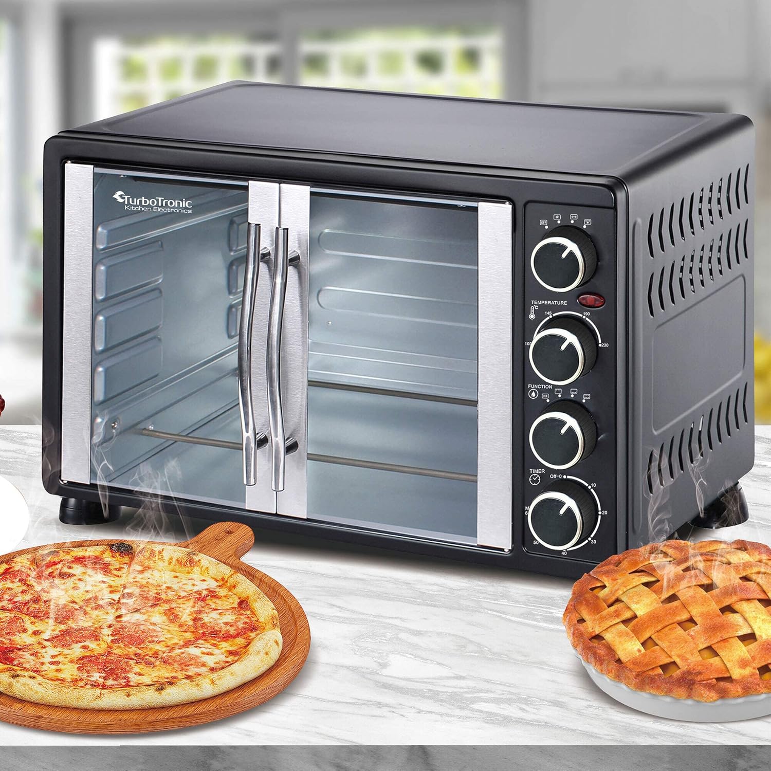 TurboTronic FEO55 Electric Mini Oven 55L - French Doors Compact Table Top Oven with Timer for Baking, Grilling, Rotisserie, Pizza, Toast and Reheating - Comes with Rotisserie Set, Baking Trays - Black - Amazing Gadgets Outlet