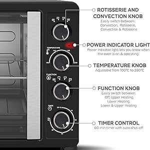 TurboTronic FEO55 Electric Mini Oven 55L - French Doors Compact Table Top Oven with Timer for Baking, Grilling, Rotisserie, Pizza, Toast and Reheating - Comes with Rotisserie Set, Baking Trays - Black - Amazing Gadgets Outlet