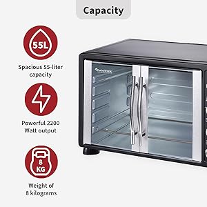 TurboTronic FEO55 Electric Mini Oven 55L - French Doors Compact Table Top Oven with Timer for Baking, Grilling, Rotisserie, Pizza, Toast and Reheating - Comes with Rotisserie Set, Baking Trays - Black - Amazing Gadgets Outlet