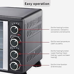 TurboTronic FEO55 Electric Mini Oven 55L - French Doors Compact Table Top Oven with Timer for Baking, Grilling, Rotisserie, Pizza, Toast and Reheating - Comes with Rotisserie Set, Baking Trays - Black - Amazing Gadgets Outlet