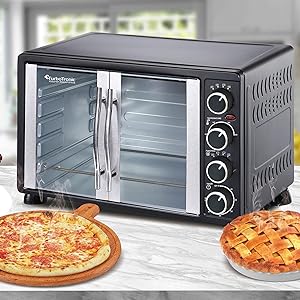 TurboTronic FEO55 Electric Mini Oven 55L - French Doors Compact Table Top Oven with Timer for Baking, Grilling, Rotisserie, Pizza, Toast and Reheating - Comes with Rotisserie Set, Baking Trays - Black - Amazing Gadgets Outlet