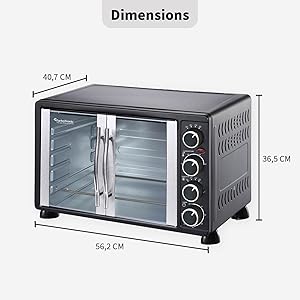 TurboTronic FEO55 Electric Mini Oven 55L - French Doors Compact Table Top Oven with Timer for Baking, Grilling, Rotisserie, Pizza, Toast and Reheating - Comes with Rotisserie Set, Baking Trays - Black - Amazing Gadgets Outlet