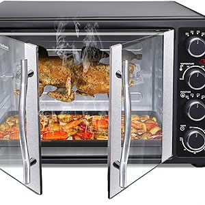 TurboTronic FEO55 Electric Mini Oven 55L - French Doors Compact Table Top Oven with Timer for Baking, Grilling, Rotisserie, Pizza, Toast and Reheating - Comes with Rotisserie Set, Baking Trays - Black - Amazing Gadgets Outlet