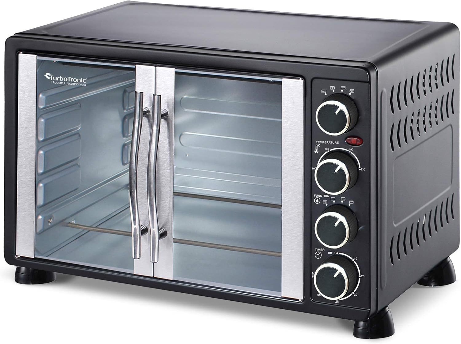 TurboTronic FEO55 Electric Mini Oven 55L - French Doors Compact Table Top Oven with Timer for Baking, Grilling, Rotisserie, Pizza, Toast and Reheating - Comes with Rotisserie Set, Baking Trays - Black - Amazing Gadgets Outlet