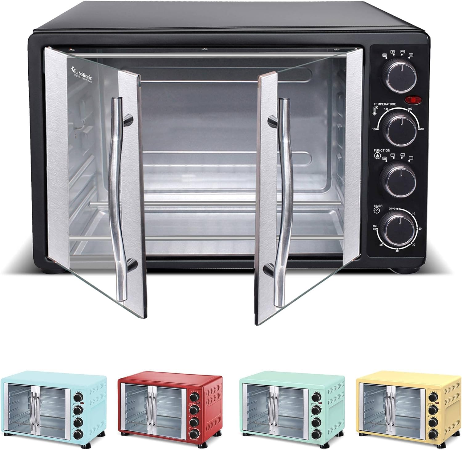 TurboTronic FEO55 Electric Mini Oven 55L - French Doors Compact Table Top Oven with Timer for Baking, Grilling, Rotisserie, Pizza, Toast and Reheating - Comes with Rotisserie Set, Baking Trays - Black - Amazing Gadgets Outlet