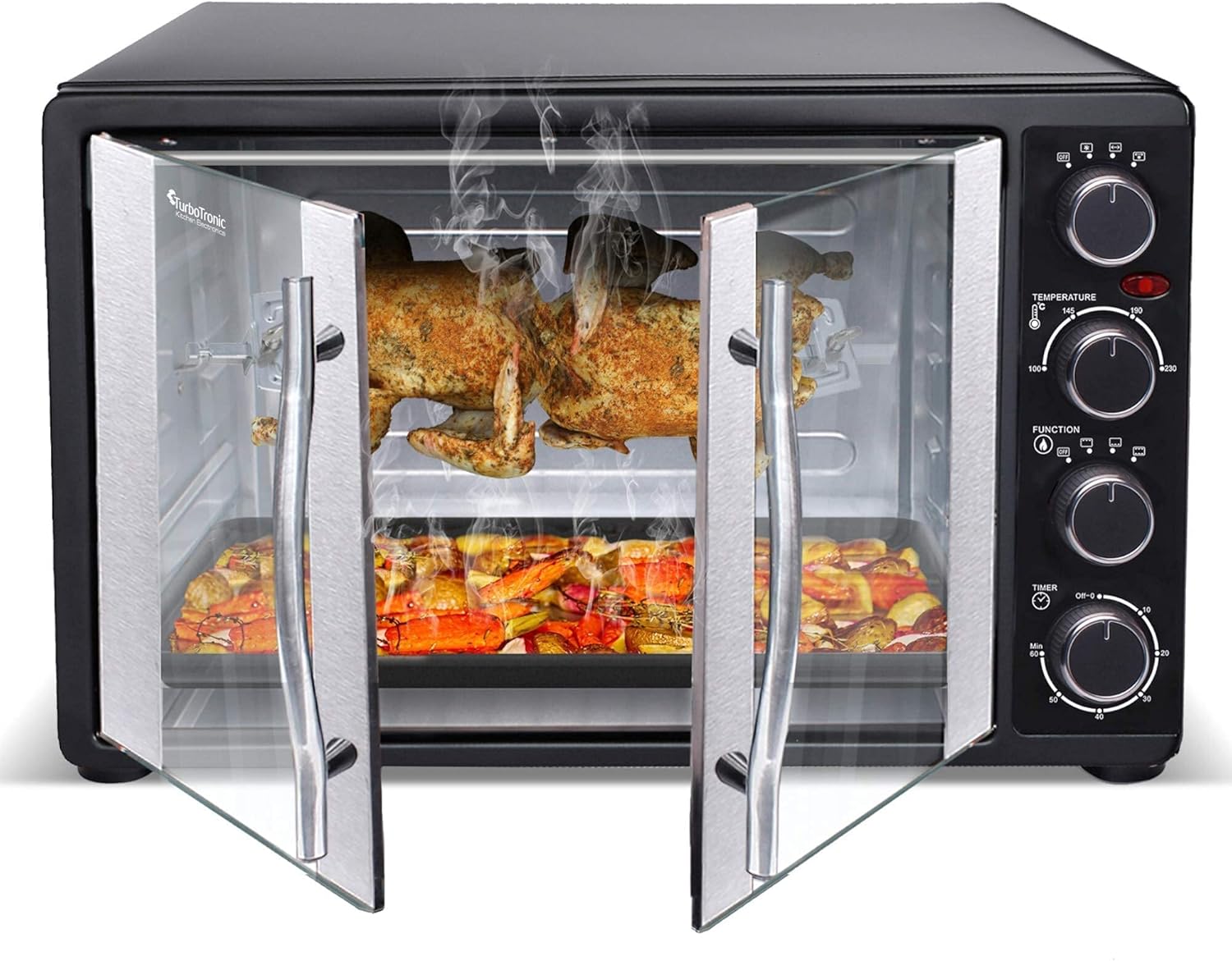 TurboTronic FEO55 Electric Mini Oven 55L - French Doors Compact Table Top Oven with Timer for Baking, Grilling, Rotisserie, Pizza, Toast and Reheating - Comes with Rotisserie Set, Baking Trays - Black - Amazing Gadgets Outlet