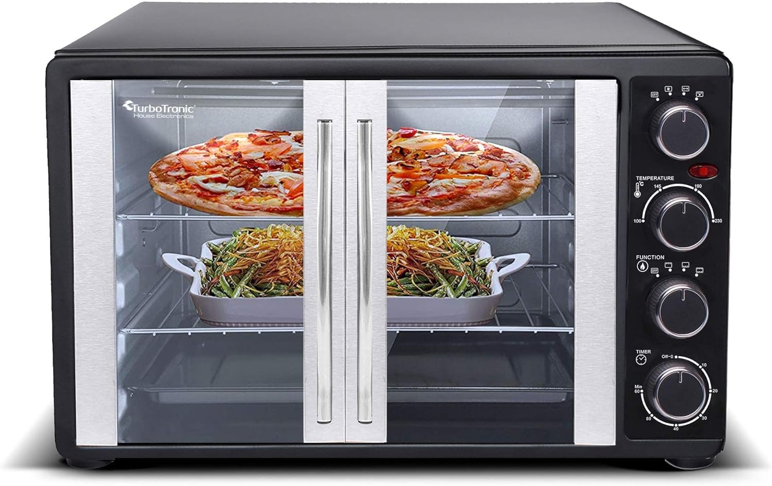 TurboTronic FEO55 Electric Mini Oven 55L - French Doors Compact Table Top Oven with Timer for Baking, Grilling, Rotisserie, Pizza, Toast and Reheating - Comes with Rotisserie Set, Baking Trays - Black - Amazing Gadgets Outlet