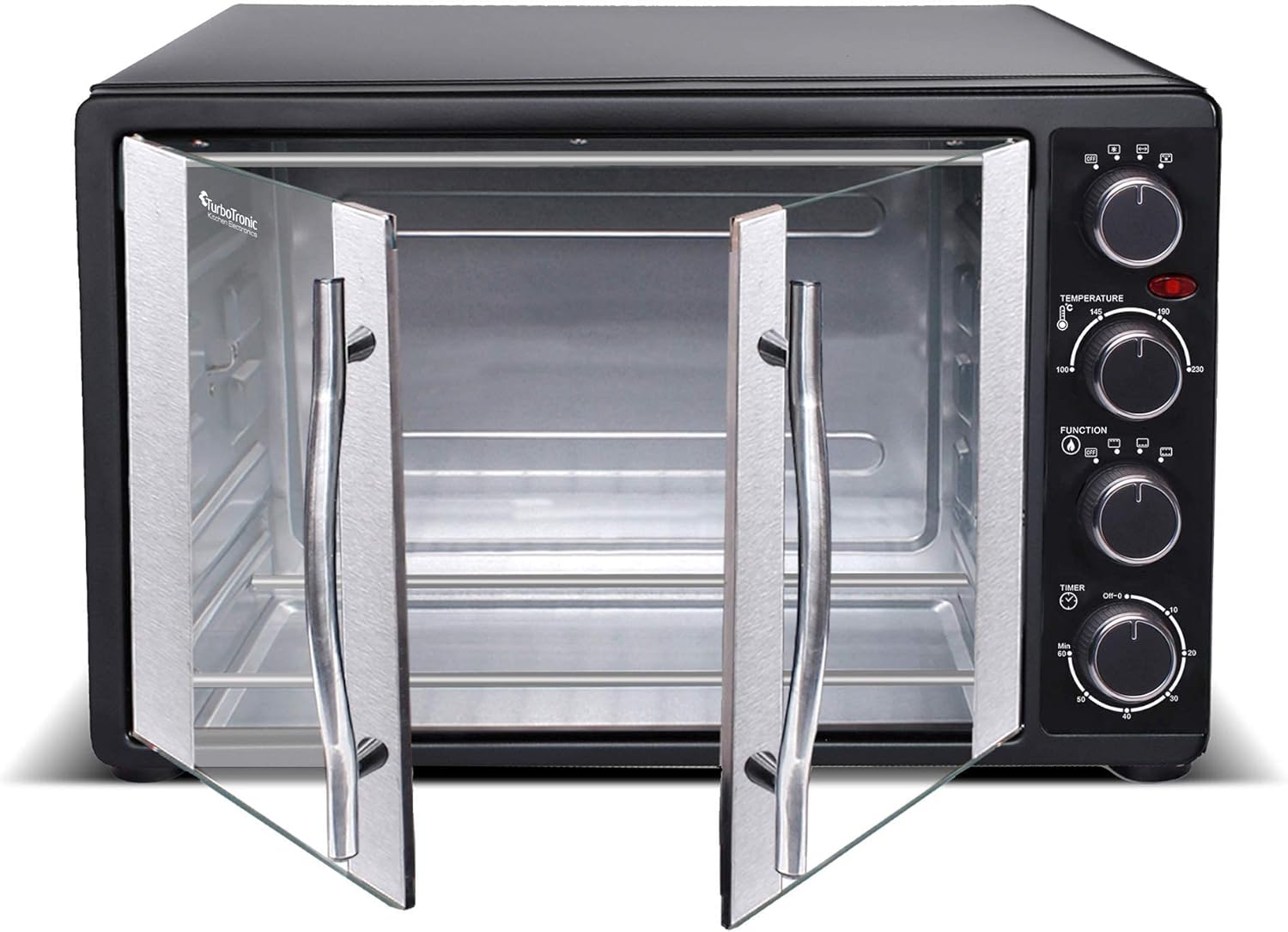 TurboTronic FEO55 Electric Mini Oven 55L - French Doors Compact Table Top Oven with Timer for Baking, Grilling, Rotisserie, Pizza, Toast and Reheating - Comes with Rotisserie Set, Baking Trays - Black - Amazing Gadgets Outlet