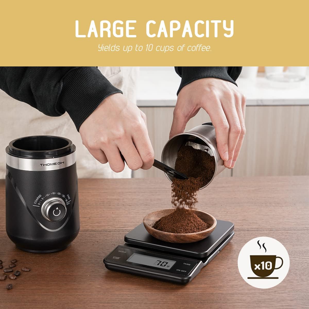 TWOMEOW Coffee Grinder, Adjustable Electric Spice Grinder with Stainless Steel Blade and Removable Grinding Cup for Coffee Beans, Nuts, Spices, Grains, Herbs 80g - Amazing Gadgets Outlet