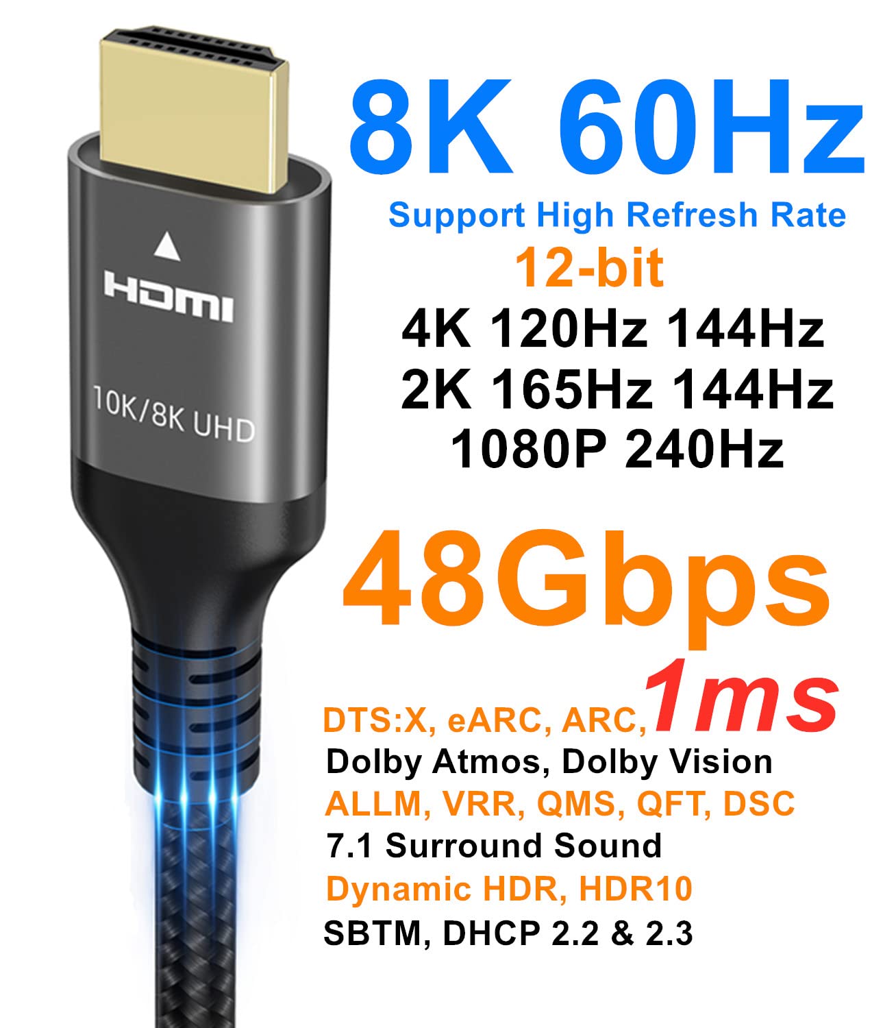 Ubluker 10K 8K 4K HDMI Cable 48Gbps 2M, Certified Ultra High Speed HDMI® Cable 4K 240Hz 144Hz 8K 60Hz 0.01ms HDR10+ ARC eARC HDCP2.3 Netflix Roku TV PC Monitor Projector PS5 4 Xbox   Import  Single ASIN  Import  Multiple ASIN ×Product customizati - Amazing Gadgets Outlet