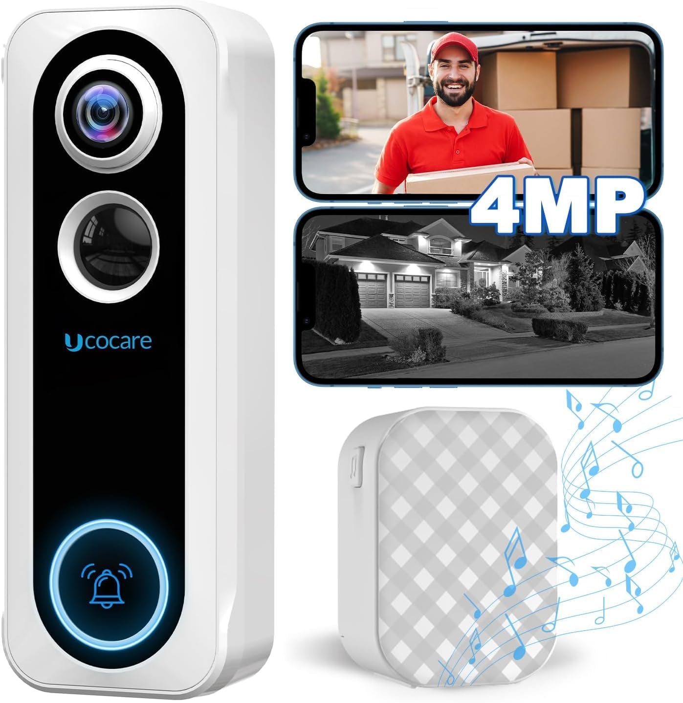 UCOCARE 4MP Video Doorbell Wireless Works with Alexa, Doorbell Camera Wireless with Chime, Voice Changer, Voice Message, Motion Detection, Instant Alerts, Night Vision, 2 - way Audio, Support TF/Cloud - Amazing Gadgets Outlet