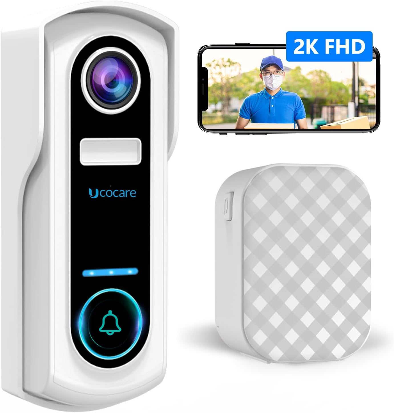 UCOCARE Wireless Video Doorbell Camera Works with Alexa, 2K Video Doorbell With Chime, Voice Message, AI Human Detection, Instant Alerts, IP67, Night Vision, 2 - Way Audio, Support SD & Cloud Storage - Amazing Gadgets Outlet