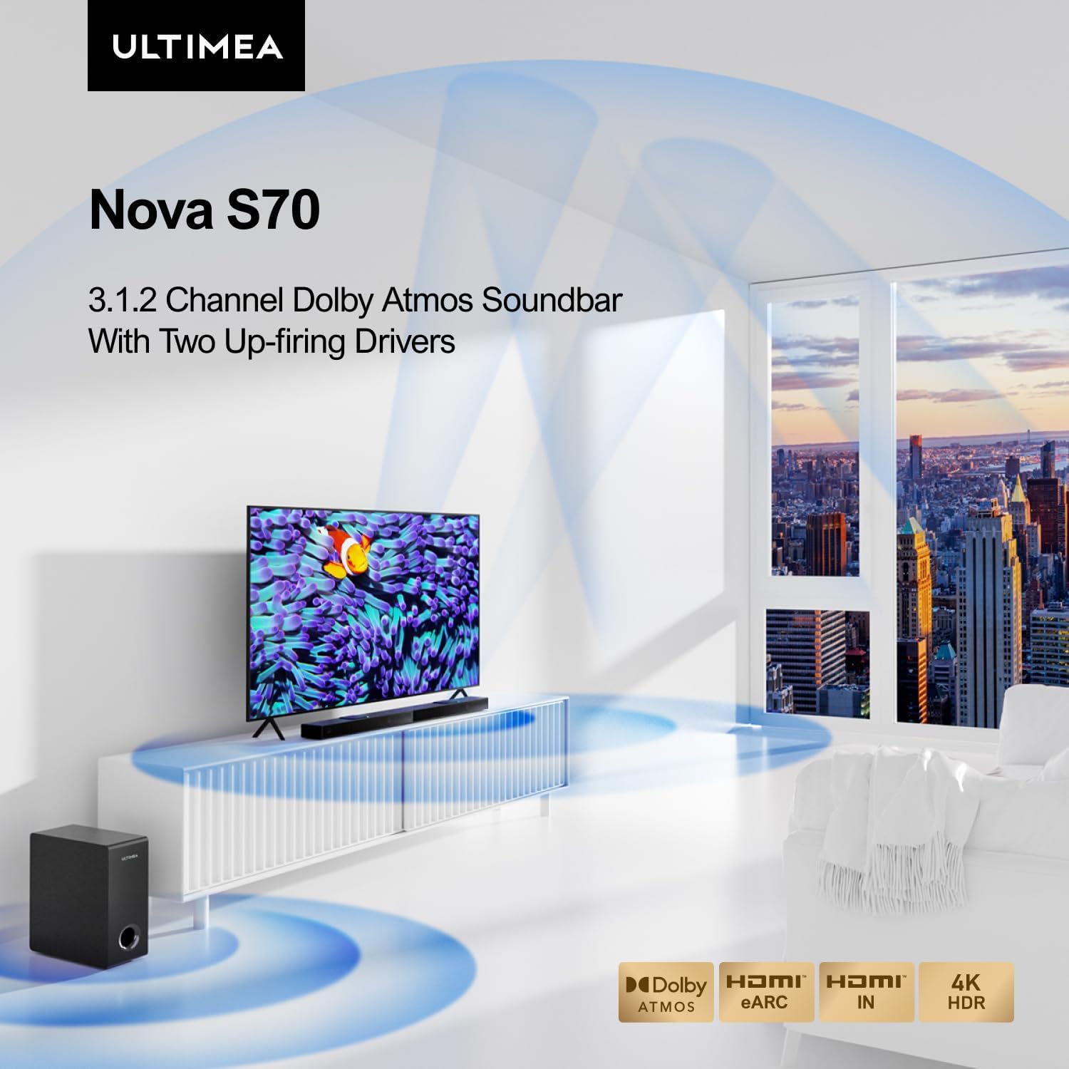 ULTIMEA 3.1.2ch Sound Bar for TV, with True Dolby Atmos 2 Up - firing Drivers, 4K HDR Pass - through, HDMI IN/eARC, 390W Peak Power Soundbar with Subwoofer, Nova S70 Ultra - Slim Series, 2024 - Amazing Gadgets Outlet