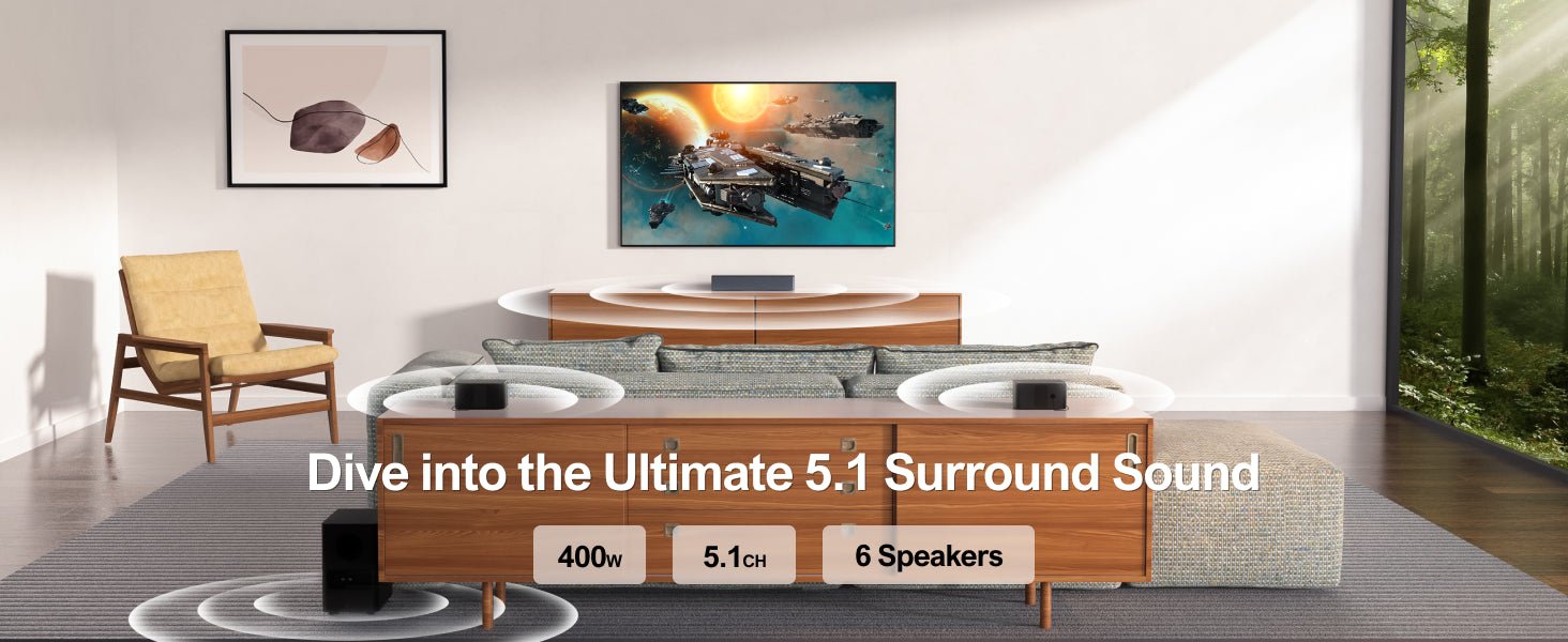 ULTIMEA 5.1 Surround Sound System, Sound Bar for TV, 3D Soundbar Home Theatre System with Adjustable Wireless Subwoofer and Rear Speakers, Bluetooth TV Surround Sound Speakers System, Poseidon D50 - Amazing Gadgets Outlet