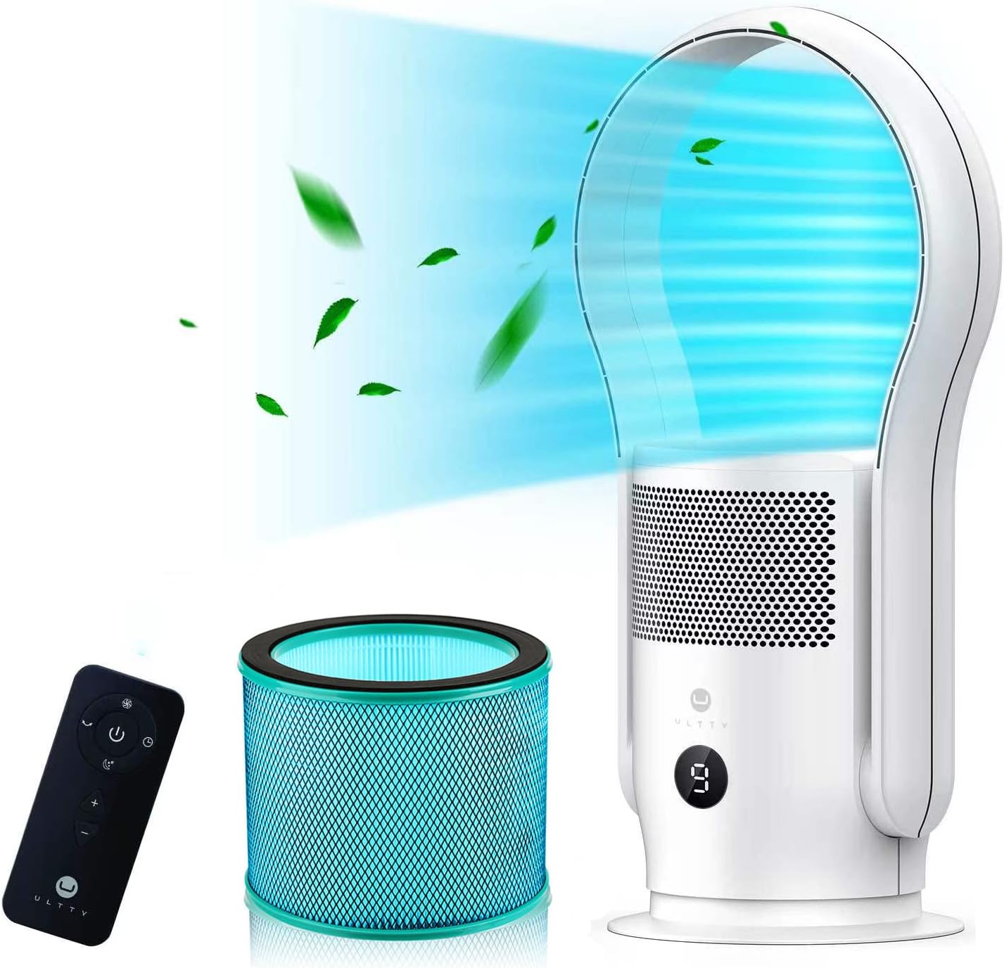 ULTTY® Bladeless Tower Fan with Air Purifier, Bladeless Fan Portable Air Purifier Fan with Remote, Touch, Timer, HEPA Filter, 90° Oscillating Tower Fan 9 Speeds, 5 Modes CR021, White - Amazing Gadgets Outlet