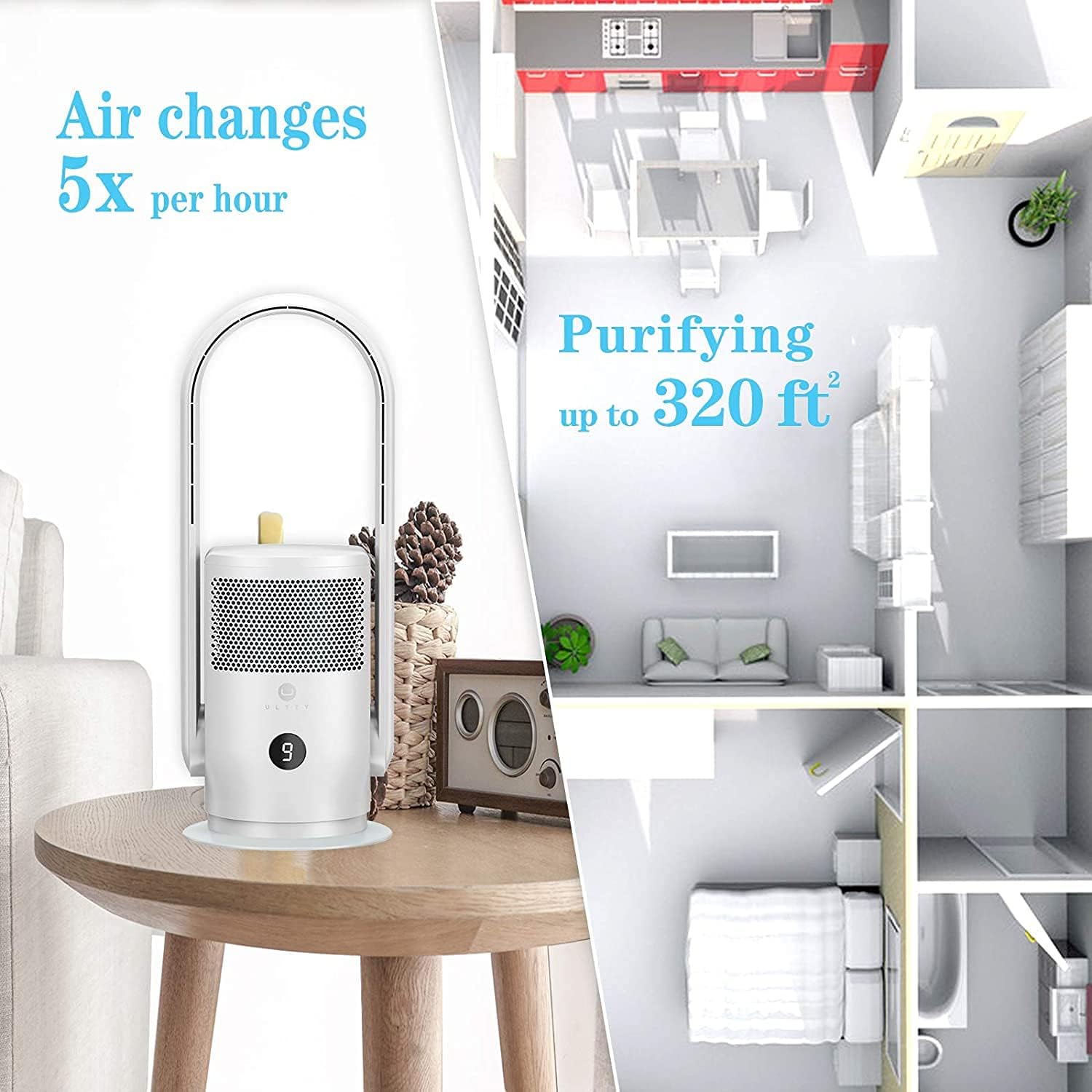 ULTTY® Bladeless Tower Fan with Air Purifier, Bladeless Fan Portable Air Purifier Fan with Remote, Touch, Timer, HEPA Filter, 90° Oscillating Tower Fan 9 Speeds, 5 Modes CR021, White - Amazing Gadgets Outlet