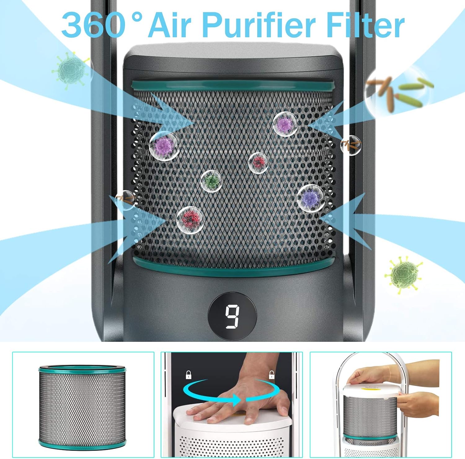 ULTTY® Bladeless Tower Fan with Air Purifier, Bladeless Fan Portable Air Purifier Fan with Remote, Touch, Timer, HEPA Filter, 90° Oscillating Tower Fan 9 Speeds, 5 Modes CR021, Black - Amazing Gadgets Outlet