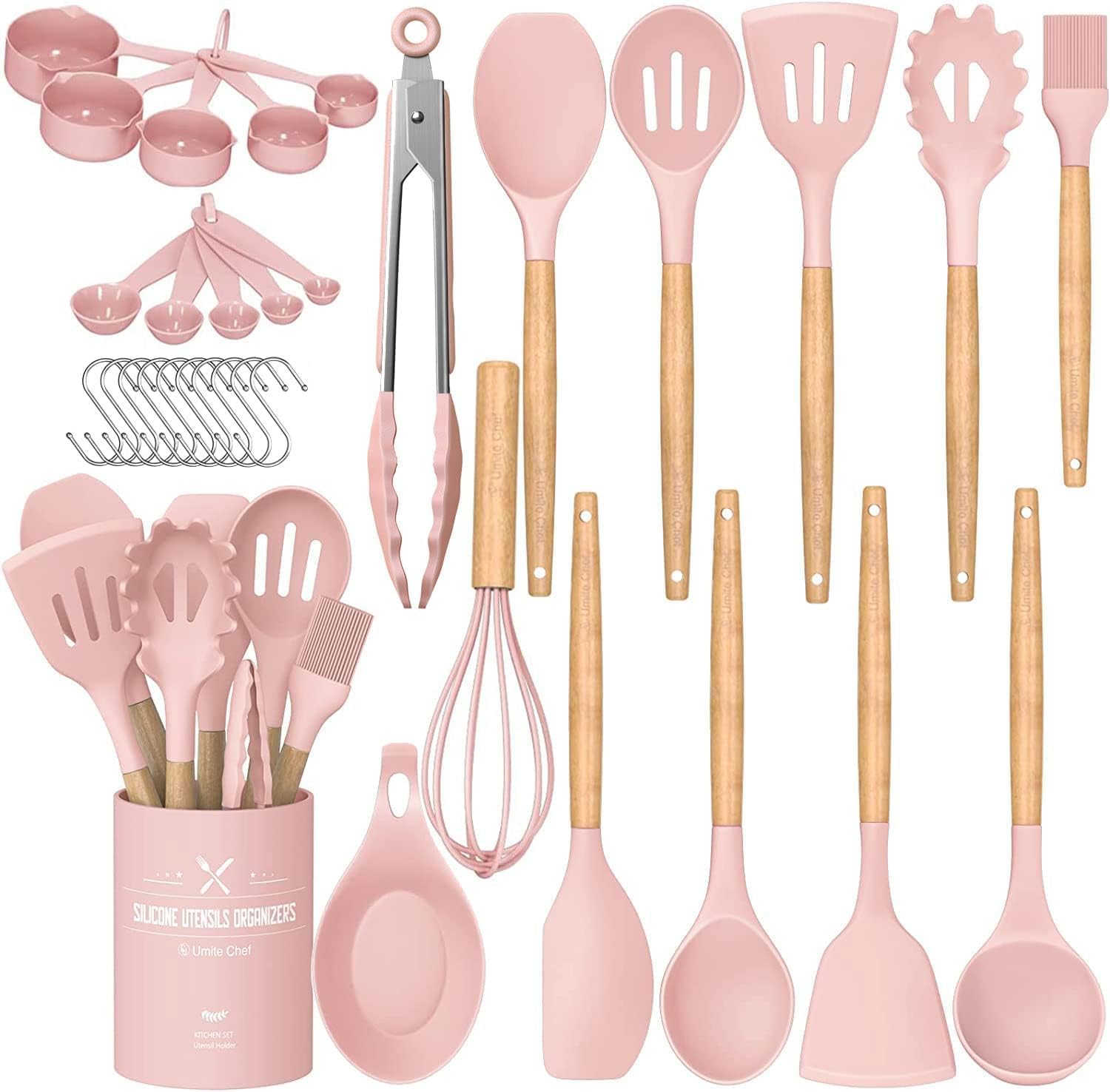 Umite Chef Kitchen Cooking Utensils Set, 33 pcs Non - stick Silicone Spatula Set with Holder, Woodle Handle Heat Resistant Gadgets Utensil (Gray) - Amazing Gadgets Outlet